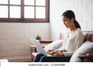 Work From Home Or Work At Home Concept, Asian Woman Working With Laptop Computer At Home