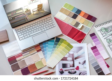 Work from home creative (architects & interior designers) items set of labtop, drawing illustration, pantone, fabric swatch & material sample on marble background