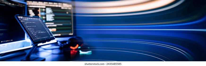 Work from home. Programmer coding code on notebook screen at