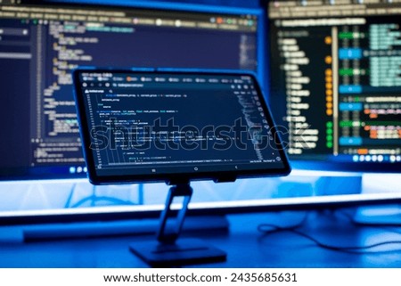 Work from home. Programmer coding code on notebook screen at