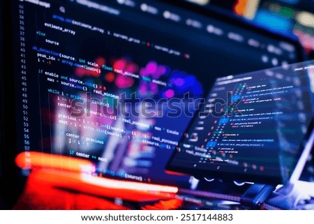 Work from home. Programmer coding code on notebook screen at