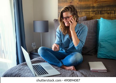 Work From Home Student Studying Casual Bedroom Older Woman Mother Online Class