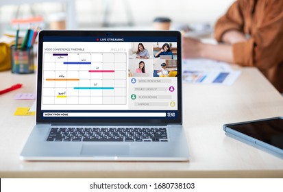 Work From Home With Video Conference Timetable Collaboration With Colleagues.live Streaming Meeting.protect Risk Of Being Exposed To Coronavirus (covid-19)