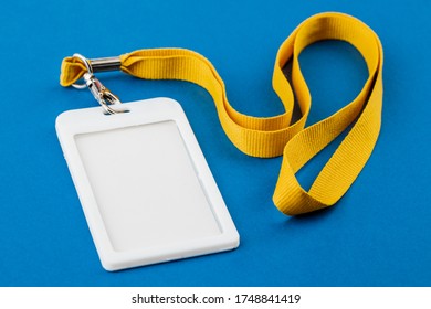 Work ID Name Tag. The ID Of The Employee. Card Icons With Ropes On A Blue Background