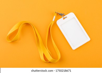 Work ID Name Tag. The ID Of The Employee. Card Icons With Ropes On A Yellow Background