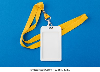 Work ID Name Tag. The ID Of The Employee. Card Icons With Ropes On A Blue Background