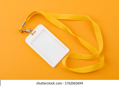 Work ID Name Tag. The ID Of The Employee. Card Icons With Ropes On A Yellow Background