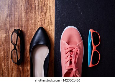 Work Life Balance Choice Concept: Colored Sneakers Or Sports Shoes And Strict Office Shoes