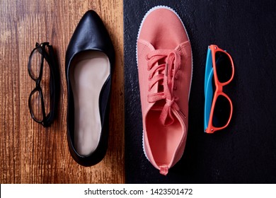 Work Life Balance Choice Concept: Colored Sneakers Or Sports Shoes And Strict Office Shoes