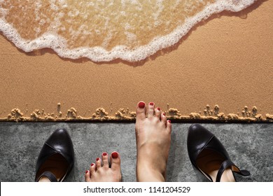 Work Life Balance Concept, Business Woman Take Off Her Working Shoes On The Concrete Floor In Front Of Sand For Walk Into The Sea Beach. Top View