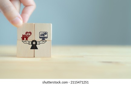 Work Life Balance Concept. Work And Home Scales. Comparison Work, Finance And Family. Hand Puts The Wooden Cubes With  Work-life Balancey Icon On Grey Background And Copy Space. Life Balancing Banner.