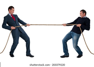 Work Life Balance Men Tug Of War Isolated On White Background