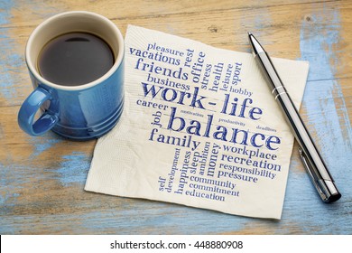 work life balance word cloud - handwriting on a napkin with a cup of coffee - Shutterstock ID 448880908