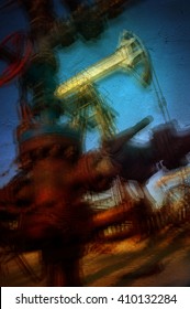 Work Of Oil Pump Jack On A Oil Field. Textured Concrete Grunge, Blurred Motion.  Concept Oil And Gas Industry.