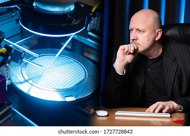 Work on the creation of microprocessors. Man next to a PCB testing apparatus. Engineer is studying microboards. Engineer develops high-tech equipment. Concept - microchip production. Man thought. - Shutterstock ID 1727728843