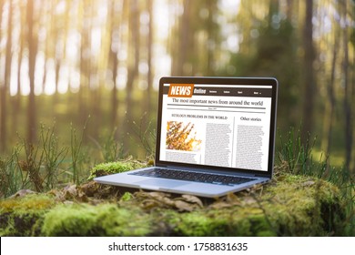 Work Outside Concept. News On A Laptop Screen. Mockup Website. Newspaper And Portal On Internet.