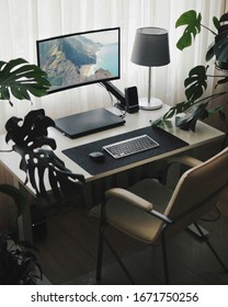 Work place at home. Minimalism style and modern interior inside with plants.