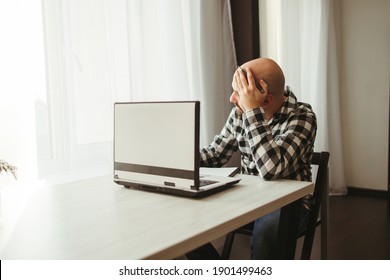 Work Problem. Routine. Lack Of Sleep. Overworking. Fatigue. Project Failure. Boring Virtual Meeting. Sad Tired Sleepy Man Sitting At The Table In His Home Office