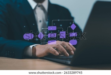 Work process and flowchart, Organization hierarchy management, Businessman working on computer showing business process, management, systems on virtual screen with automated workflow diagram.
