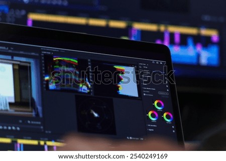 Work in the program for video editing on personal computer or laptop close up. Navigation in a computer program. Cursor movement. Work in the home office.	