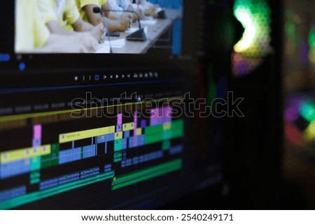 Work in the program for video editing on personal computer or laptop close up. Navigation in a computer program. Cursor movement. Work in the home office.	