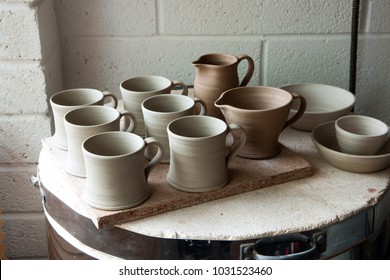 Work In Progress Standing On The Top Of The Kiln In A Ceramic Artists Home Pottery Studio