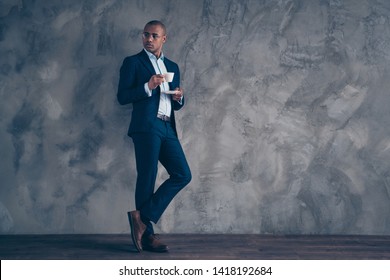 Work Rest Concept. Full Length Body Size Photo Macho Boss Gentleman Feel Thoughts Plan Pensive Short Hair Bald Minded Take Hot Beverage Classic Costume Jacket Trousers Shoes Isolated Grey Background