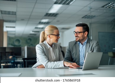 Work Romance. Two Business People Looking At Each Other And Smiling, Portrait.