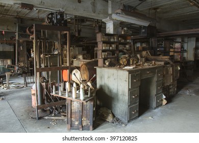 Work room with tools and equipment in turn of the century silk throwing factory.