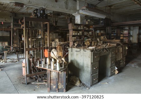 Work room with tools and equipment in turn of the century silk throwing factory.