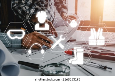 Work safety concept, Construction team worker working in office with VR screen Work safety icon, First secure rules. Health protection, personal security people on job.  - Shutterstock ID 2168353193