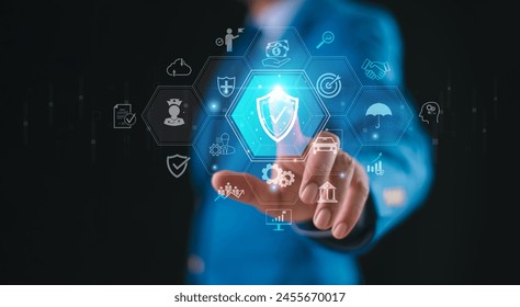 Work safety concept. Health care insurance concept. Guarantee service certification approved. Doctor in hospital, health insurance. Businessman touch icon, workplace safety first, protection health