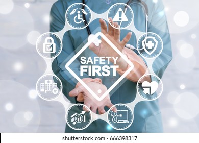 Work Safety Concept - Regulations And Standard In Medical Hospital. Doctor Offers Safety First Sign On Virtual Screen. First Secure Rules.