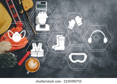 Work Safety Concept, Top View Engineer Office With VR Screen Work Safety Icon, First Secure Rules. Health Protection, Personal Security People On Job.	