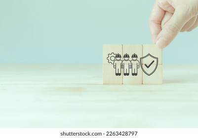 Work safety concept. Safety at workplace and compliance on wooden cube blocks. Working standard process. Zero accidents. Using for safety awareness banner. - Shutterstock ID 2263428797