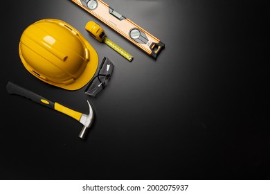 Work Safety. Construction Site Protective Equipment On Wooden Background, Flat Lay, Copy Space, Top View