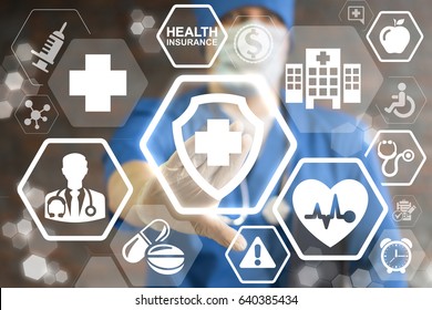 Work Safety In Health Care. Insurance Medicine. Medical Protection Support Healthy. Hospital, Wellness Security. Doctor Touched Icon Shield Cross On Virtual Screen. Compliance Regulations.