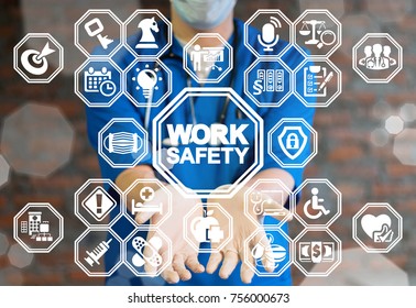 Work Safety Medicine Concept. Safe Health, Security Workplace. Medical Worker Using Virtual Interface Offers Work Safety Text Icon.