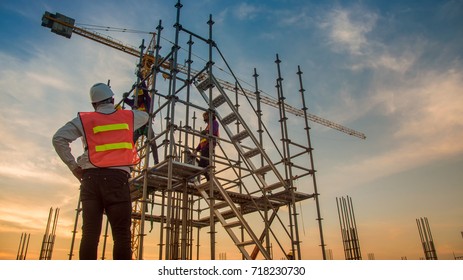 Work Safety Officer Or Civil Engineer. Team Worker On Background Of Construction Site