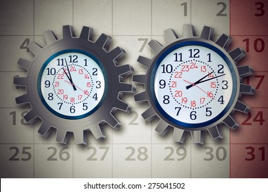 Work Schedule Business Organization Planning Concept With A Clock Shaped As A Gear Or Cog Wheel And Calendar Icons As A Stress Metaphor For Time Management For A Busy Work And Family Life.