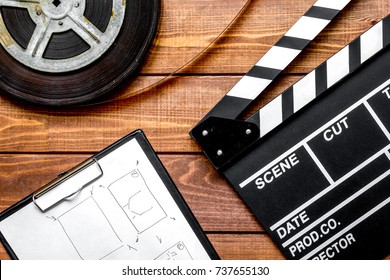 Work Screenwriter On Wooden Background Top View