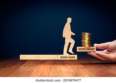 Work smart not hard will bring more wealth. Do a new step to works smarter, improve productivity, and monetize your work. Concept with wooden blocks, figurine and coins.