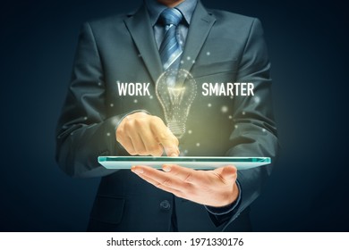 Work smarter concept with digital tablet and light bulb in PCB design. Digitization and digitalization is opportunity to improve productivity and efficiency.