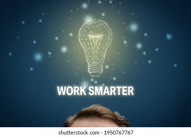 Work smarter motivation concept. Personal development, boost productivity and efficiency concept with businessman top of head and light bulb. Coach (manager, mentor) motivate to work smarter.