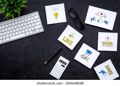 Work In Social Media. Media Marketing. Desk With Keyboard And Socail Media Icons. Black Background Top View Copy Space