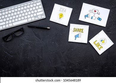 Work In Social Media. Media Marketing. Desk With Keyboard And Socail Media Icons. Black Background Top View Copy Space