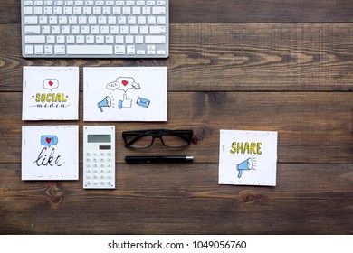 Work In Social Media. Media Marketing. Desk With Keyboard And Socail Media Icons. Dark Wooden Background Top View Copy Space