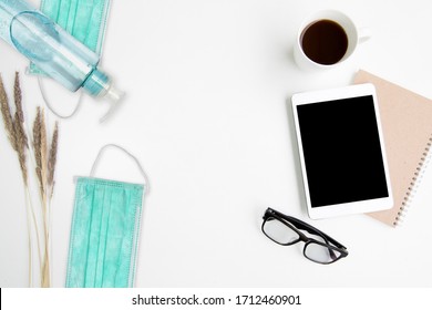 Work Space Desk Table On Top Overhead Place Tablet Book Glasses Coffee For Working In Company Layout Style Modern Have Empty Insert Logo Work From Home Event Coronavirus