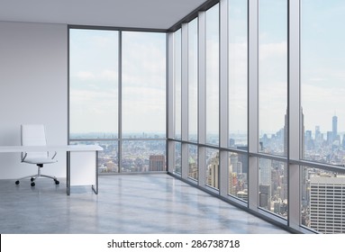 Work Space In A Modern Panoramic Corner Office In New York.