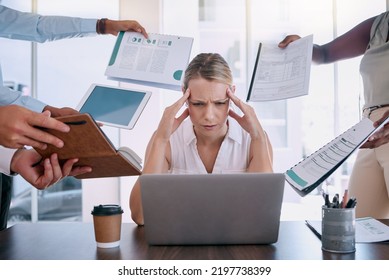 Work stress, headache and burnout mindset of a business woman working at a office computer. Corporate tax employee worried about mental health from job report, contract and compliance data overload
